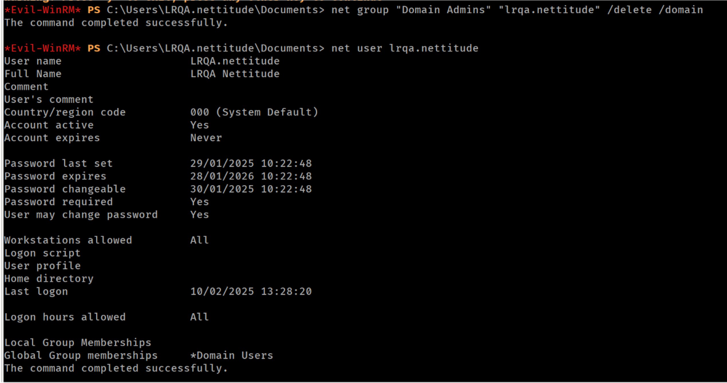 Removing the test user from the Domain Admins group