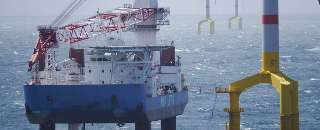 Offshore wind farm with turbines and station