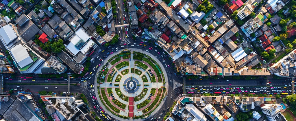 Aerial view of roundabout in a city