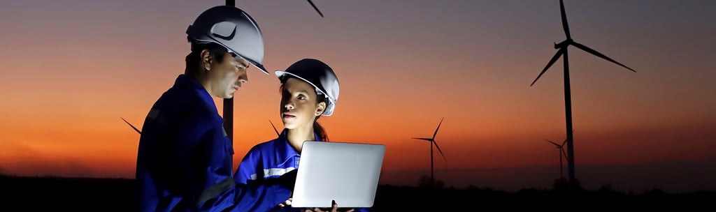 Engineers looking at a laptop in a wind energy plant