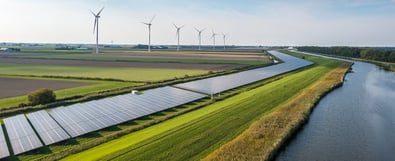 Aerial view of a solar and wind energy plant