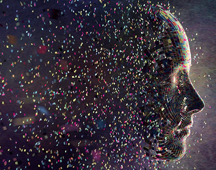 A conceptual images of thousands of multi coloured squares all moving in mid air against a black background, coalescing to form a the profile of a head.