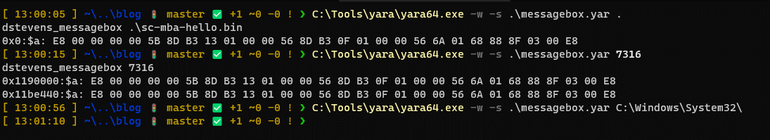 The rule matches the shellcode on disk and in memory and triggers no false positives against anything in C:\Windows\System32.