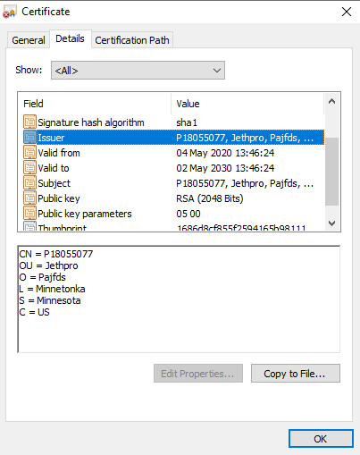 The issuer data can be viewed using Chrome and the default values suggest this is a PoshC2 server.