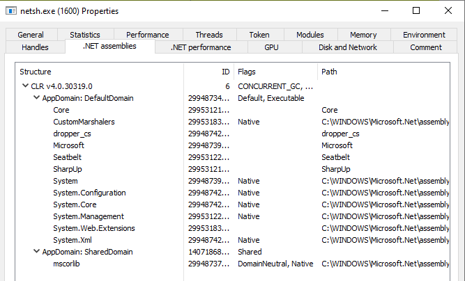 In the C# implant loaded modules have their namespace visible in the AppDomain, making it clear what has been loaded into the implant.