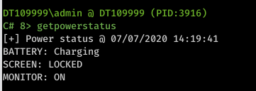Machine generated alternative text: DTIø9999Xadmin DTIø9999 (PID: 3916) Ctt 8) getpowerstatus power status ø7/ø7/2ø2ø 14:19:41 BATTERY : SCREEN . MONITOR: Charging LOCKED ON