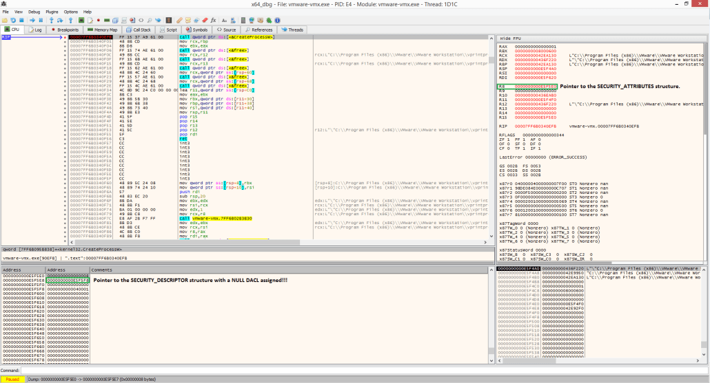 Figure 3. Launching vprintproxy.exe with a NULL DACL